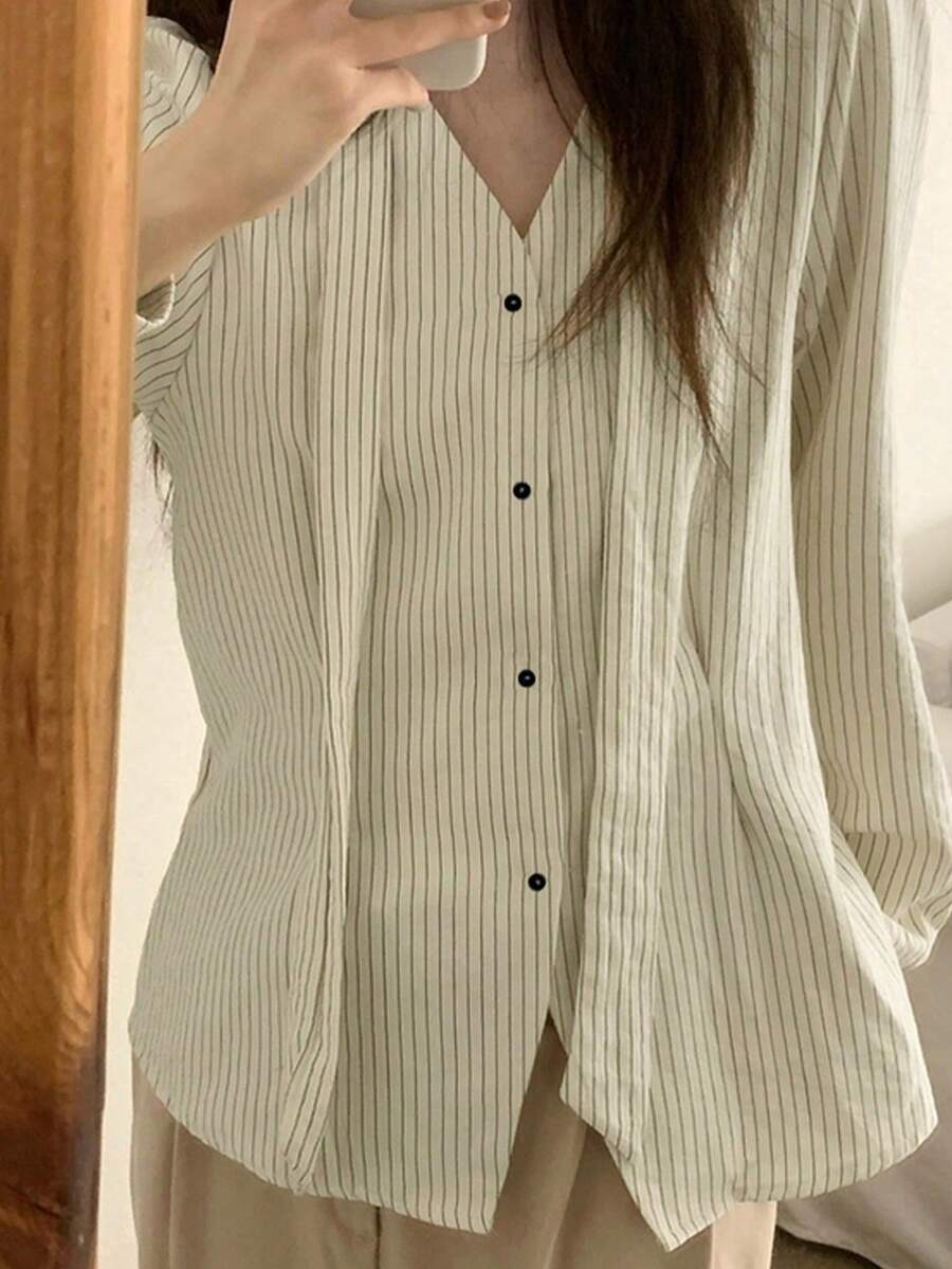 Blus Wanita YCYC Lengan Panjang Bergaris Desain Musim Gugur Niche Halter Neck Pita V-Neck Unik - Aprikot - View 1
