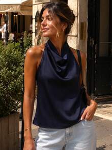 Top de mujer de verano con cuello halter, para vacaciones de primavera, de satén, sin espalda, estilo callejero lindo - Azul Marino - Ver 1