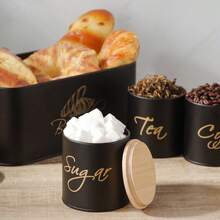 Aurelion 4pcs Black Metal Kitchen Storage Set With Bamboo Lid Bread Box And Coffee Tea Sugar Canisters, Gold Letter Print Food Storage Containers, Countertop Kitchen Organizer - Black - View 9