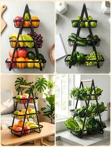 2-Tier & 3-Tier Fruit Basket, Portable Fruit Bowl With Wooden Handles, For Kitchen Storage, Holds Fruits, Vegetables, Bread, Snacks And Bananas, Detachable Rectangular Metal Baskets, Countertop Storage Home Decor (Black And White Available) - View 8