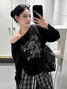 女款春夏/秋冬簡約百搭時尚幾何印花長袖T恤，Y2K休閒居家寬鬆顯瘦個性性感露肩辣妹純欲風，日常通勤校園穿搭拍照出片韓系長袖T恤上衣 - 黑色 - 查看 2