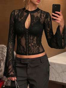 Black Sheer Lace Top, Hollow Neckline With Hook-And-Eye Front Closure, Flared Long Sleeves, Slim Fit, Sexy Going-Out - Black - View 3