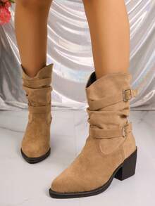 Women's Khaki Mid-Calf Boots With Ruched Design, Buckle Detail, Chunky High Heel, Slip-On Elastic Ruched Boots, Solid Color Fashion Boots, New Autumn/Winter Versatile Style - Khaki - View 5