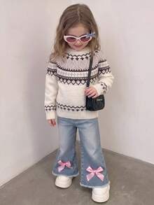 Girls Fair Isle Sweater, Tween Nordic Knit Pullover With Geometric Pattern, Crew Neck Long Sleeve Preppy Top, Casual Daily Wear, Fall Winter - Multicolor - View 2