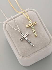 1pc S925 Sterling Silver Cool Style Blue Diamond & Crushed Diamond Cross Necklace, Minimalist Thin Rhinestone Cross Collarbone Chain, Niche Commuter Versatile Faith Pendant Gift - Cross - View 5