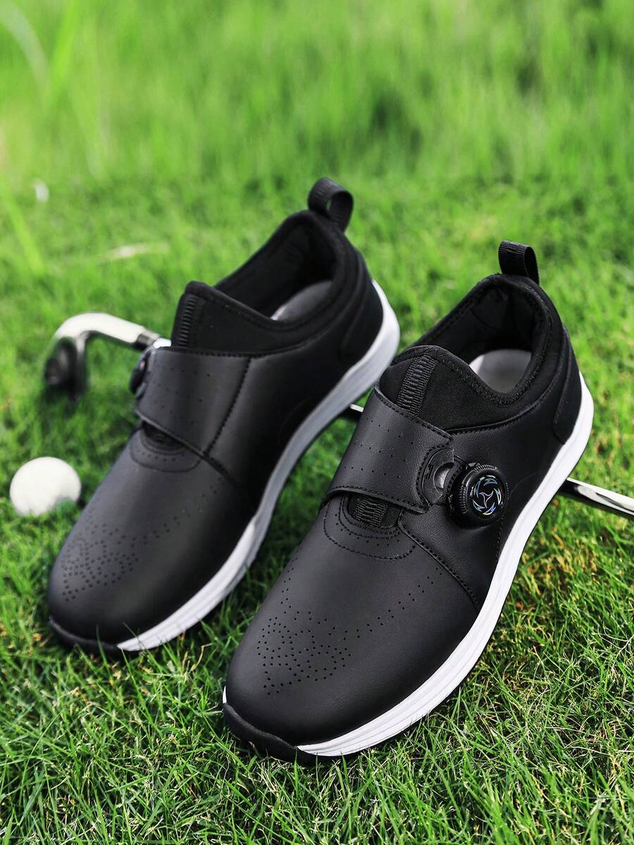 Men's Black Dial Closure Golf Shoes, Breathable Perforated, Easy On/Off, Professional Golf Course Training, Daily Casual Versatile Sports Sneakers For Young Men - Black - View 1
