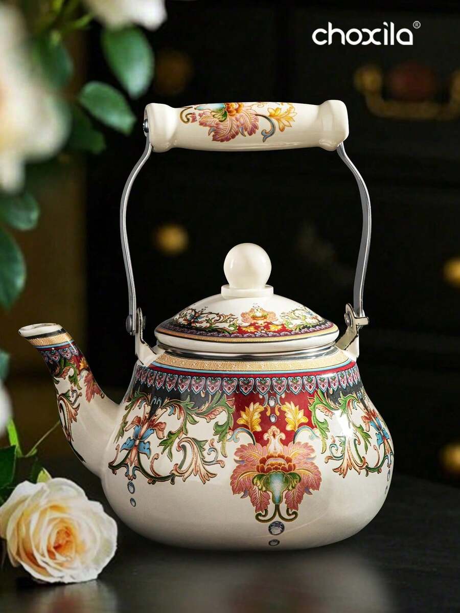 choxila 1pc Enamel Large Capacity Kettle, Compatible With Gas Stove And Induction Cooktop - Pomegranate Flower Enamel Pot - View 1