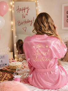 1pc Customized Personalized Pajama Set Or Robe - Satin Bridal & Bridesmaid Robe, Comfortable Loungewear, Customized Name Wedding Robe, Embroidered Design, Exclusive Bridesmaid Outfit, Personalized Satin Long Robe, Customized Bridal Outfit, Lace Trim Robe - Multicolor - View 2