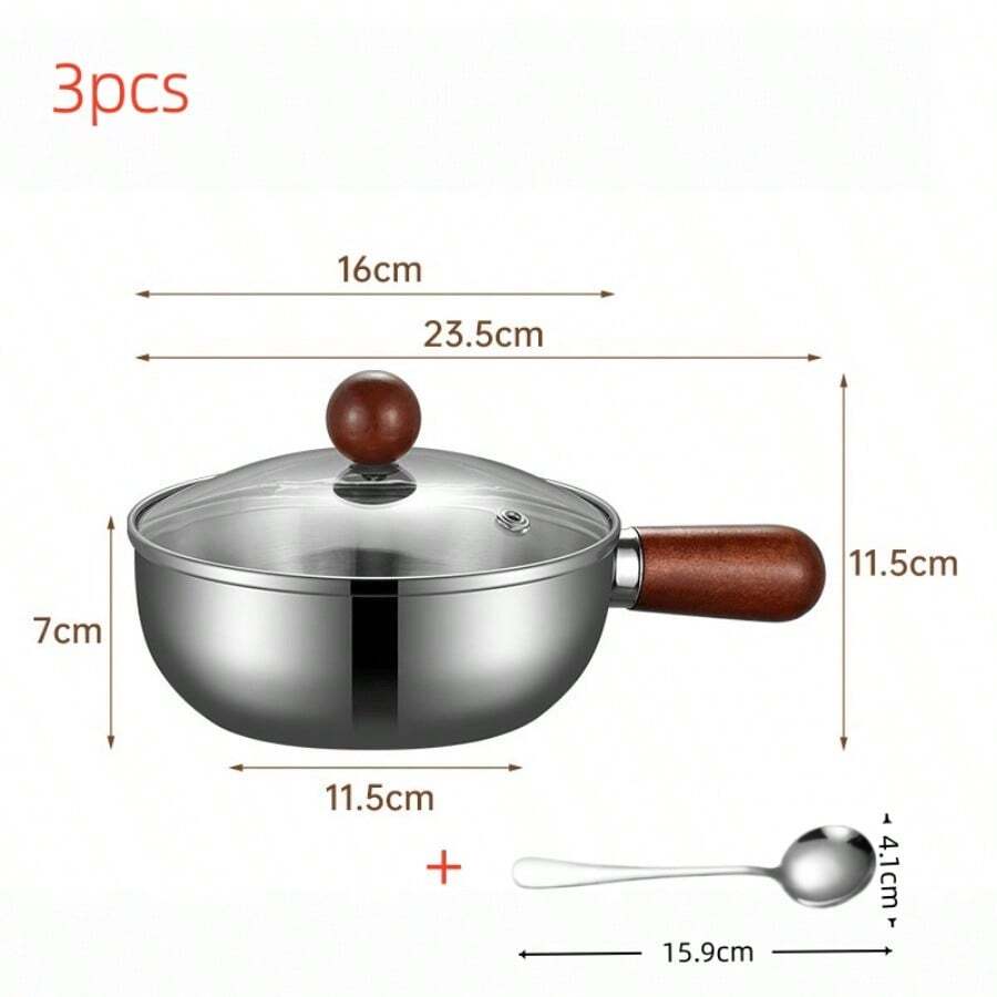 3-Piece Multi-Functional Stainless Steel Pot (With Lid And Spoon) – Ideal For Heating Milk,304 Stainless Steel Preparing Baby Food, And General Cooking On Stovetops. Features A Handle, Suitable For Brewing Tea And Coffee, Perfect For Outdoor Camping. - View 1