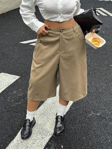 Women's Plus Size Casual Commute Vintage Minimalist Shorts With Pocket Design Mid-Split Shorts Summer - Khaki - View 5