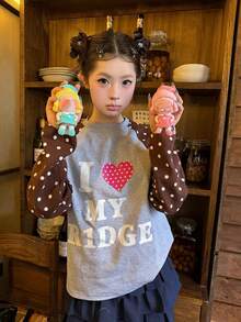 Women's American Style Heart & Polka Dot Raglan Long Sleeve T-Shirt, Loose Casual Versatile Top - Grey - View 7