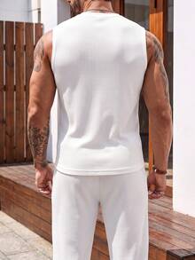 Men's Waffle Knit Sleeveless Tank Top & Loose Wide Leg Pants 2 Pieces Set, Solid Color Casual Sports Outfit For Summer - White - View 2