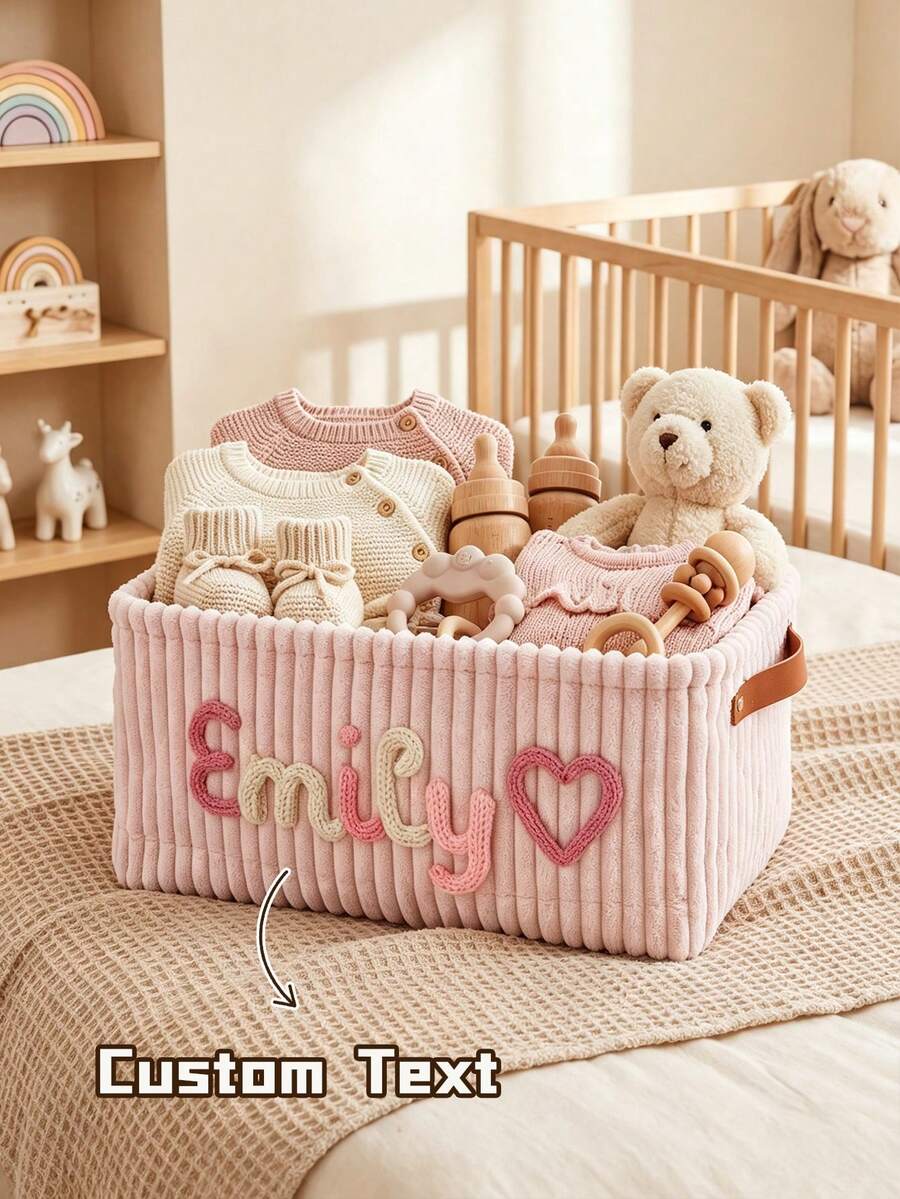 Keranjang Penyimpanan Bayi Bordir yang Dipersonalisasi - Kotak Mainan Nama Bordir Kustom - Hadiah Baptisan Bayi, Seni Kawat Logam Rajutan, Hadiah untuk Ibu Hamil - MultiWarna - View 1