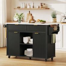 Kitchen Island On Wheels 120 X 45 Cm With Fold-Down Worktop, Kitchen Cart With 2 Drawers, 2 Doors, Spice Shelves And Towel Rail, Kitchen Unit On Wheels With Storage, White - Black - View 3