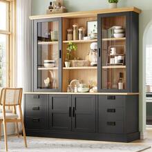 Tall Kitchen Cabinet With 6 Large Drawers, Glass Doors, Anti-Tip Device, And Metal Rails, 140x185 Cm, Storage Cabinet For Kitchen And Dining Room - 黑色 - 查看 3