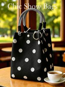 Polka Dot Pattern Canvas Bucket Bag, Woven Handle Handbag, Soft Textured Fabric With Neat Stitching, Spacious Interior For Daily Essentials, Perfect For Commuting, Weekend Shopping And Casual Outings, Ideal For Students, Office Women And Casual Wear Enthusiasts, Fashionable And Practical Daily Accessory (No Tag Included) - Black - View 2