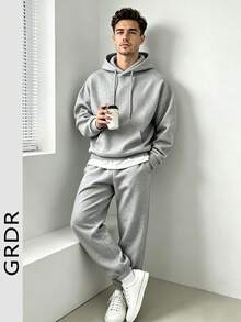 GRDR American Minimalist Basic Gray Loose Hoodie & Jogger Pants Casual Set For Men - Grey - View 3
