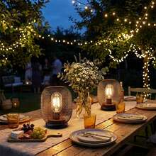 Set Of 2 Battery Operated Table Lamps, 7 Inch Black Metal Cage Cordless LED Lights With Warm Glow For Bedroom, Living Room, Wedding And Party Decor - 黑色 - 查看 2