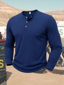 Kemeja Henley Lengan Panjang Longgar Polos Kasual Pria Warna Biru Tua dengan Kancing Depan - Navy Blue - View 3