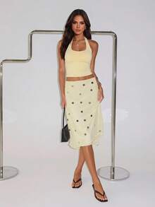 Women's Solid Color Halter Neck Top, Versatile Casual Everyday Wear For Daily Outings. - Yellow - View 1