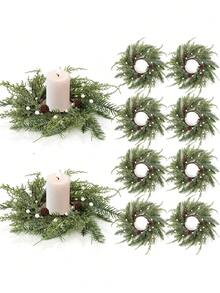 Anillos de vela con corona navideña, mini corona de pino, guirnalda artificial de cedro escarchado y piñas, soporte para anillos de vela para Navidad, boda, hogar, centro de mesa, puerta, ventana, silla y pared - Multicolor - Ver 9