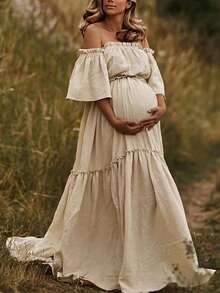 Maternity Off-Shoulder Layered Short Sleeve Crepe Fabric Slight Stretch Dress, Ruffle Hem Train Skirt Suitable For Lawn, Beach, Garden And Other Special Occasion Photography - Apricot - View 4