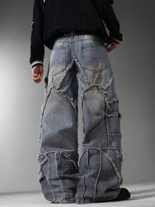 Gothic American Retro Men's Flare Jeans, Classic Splicing Design, Unique Hand Painted Denim Pants (Belt & Accessories Not Included) - Blue - View 4