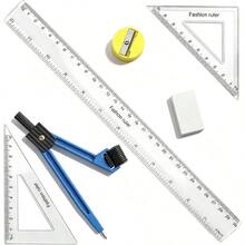 7Pcs Geometry Protractor And Compass Set 12Inch Plastic Ruler Geometry Set, Ruler, Ruler, Pencil Sharpener, Eraser, Protractor And Compasses Set - A - View 1