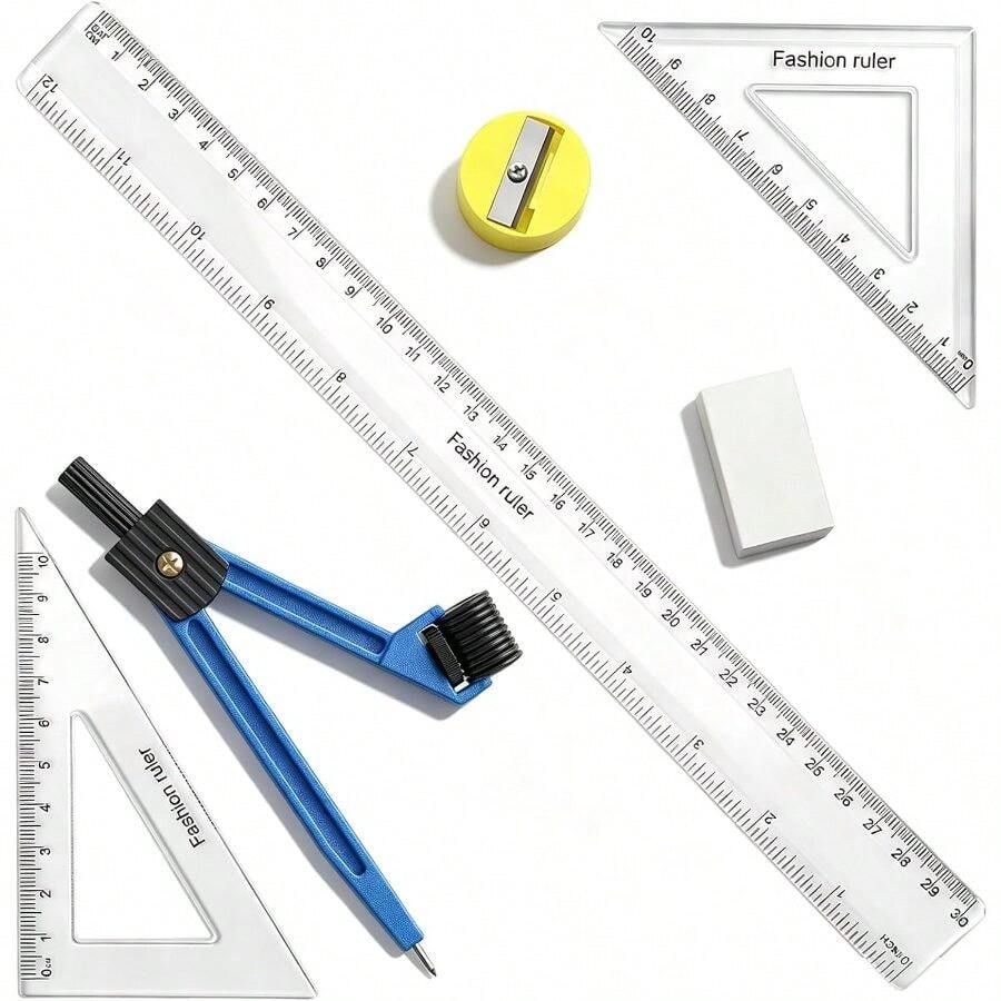 7Pcs Geometry Protractor And Compass Set 12Inch Plastic Ruler Geometry Set, Ruler, Ruler, Pencil Sharpener, Eraser, Protractor And Compasses Set - A - View 1