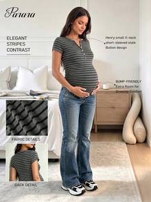 Camiseta casual de manga corta con botones y rayas para maternidad, verano - Gris - Ver 1