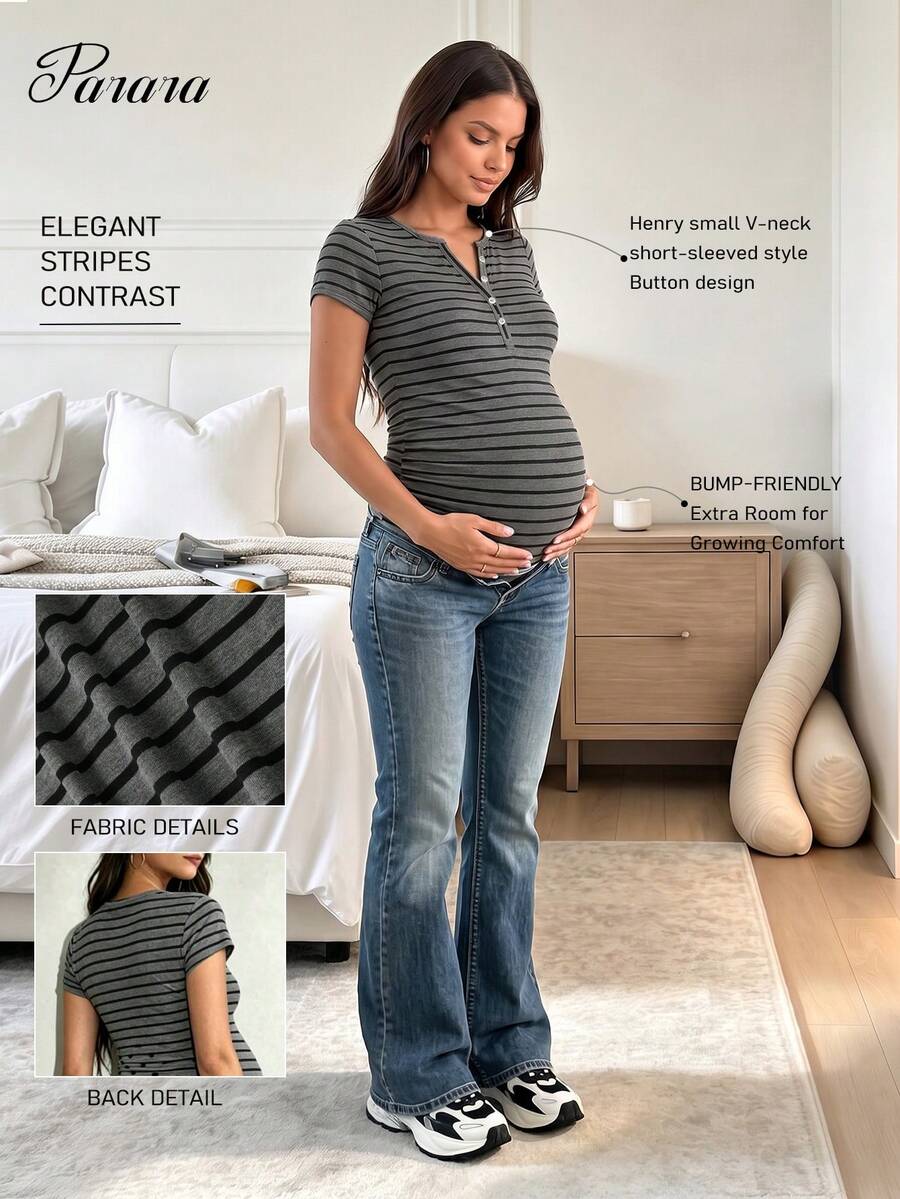 Camiseta casual de manga corta con botones y rayas para maternidad, verano - Gris - Ver 1