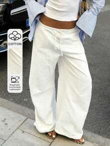 Women's Casual White Cotton Blend Loose Straight Leg Pants, Long Leg, With Pleated Details, Non-Stretch Fabric - White - View 2