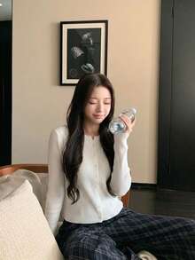 韓系簡約溫柔女款長袖開襟羊毛衫 白色 - 白色 - 查看 6