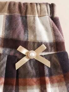 2pcs/Set Girls Plaid Pleated Skirt Set, Double Bow Long Sleeve Sweatshirt With Vintage Plaid Mini Skirt, Spring/Autumn Vintage Outfit - Apricot - View 5