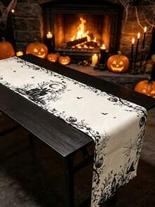 Alloween 哥德式鬧鬼豪宅桌旗，鄉村風亞麻紋理萬聖節派對居家廚房餐桌裝飾 - B - 查看 2