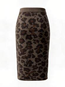 Women's Fashion Street Leopard Print Knit Midi Skirt - Brown - View 8