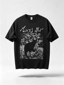 EWH Mazzy Star Band Theme, Men's T-Shirt, Black Cat Flower, Black And White Illustration, Retro, Artistic, Fashionable, Loose Fitting, Short Sleeved, Top - 黑色 - 查看 1