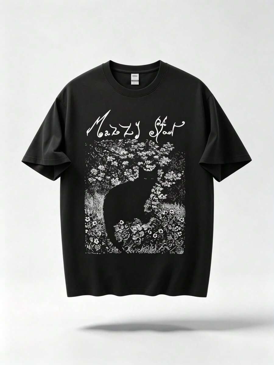 EWH Mazzy Star Band Theme, Men's T-Shirt, Black Cat Flower, Black And White Illustration, Retro, Artistic, Fashionable, Loose Fitting, Short Sleeved, Top - 黑色 - 查看 1