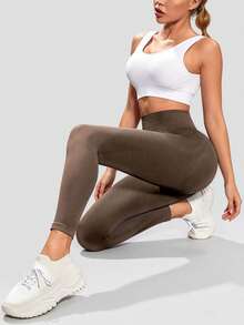 Minimal Curved Contour Knit Seamless Leggings, Sculpted Figure Fit For Everyday Active Movement - Coffee Brown - View 5