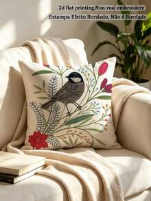 1pc Vintage Botanical Style Robin & Wildflower Pillowcase, Watercolor Bird & Mixed Floral Leaf Pattern Printed Throw Pillow Cover, Country Farmhouse Spring Style Sofa Decor (Pillow Insert Not Included) - Multicolor - View 5