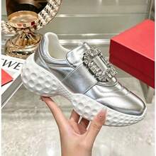 New RV Sneakers, Casual Platform Shoes, Elevated Mesh Creepers With Square Buckle, European And American Style Design - 銀色方鑽扣 - 查看 2
