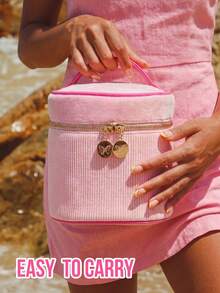 MISSLYN 1 buah Tas Kosmetik Mewah Warna Pink, Desain Pink Peach Lembut dengan Trim Kontras Mawar, Penyimpanan Silinder Kapasitas Besar, Resleting Ganda Halus, Hadiah Liburan, Musim Kembali ke Sekolah, Cocok untuk Rumah, Kantor, dan Perjalanan Akhir Pekan - Berwarna merah muda - View 4