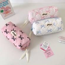 Fashionable Large Capacity Bowknot Pencil Case With Flowing Ribbon At Zipper, 3 Fresh Color Options, Suitable For Student Stationery Storage, Desktop Organization, Practical And Versatile - A - View 3