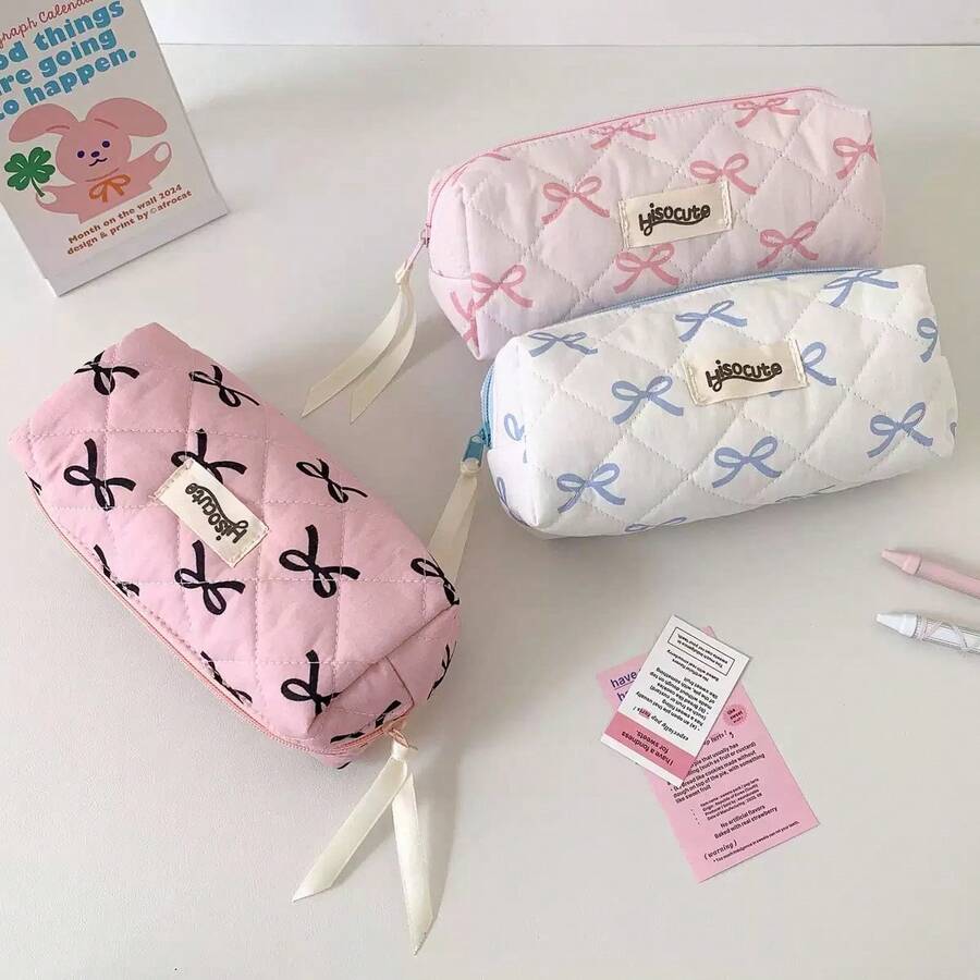Fashionable Large Capacity Bowknot Pencil Case With Flowing Ribbon At Zipper, 3 Fresh Color Options, Suitable For Student Stationery Storage, Desktop Organization, Practical And Versatile - A - View 1
