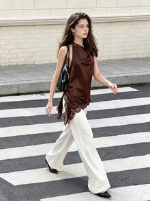 MUMRAP Women's Elegant Solid Color Lace Patchwork Backless Blouse Summer - Coffee Brown - View 2