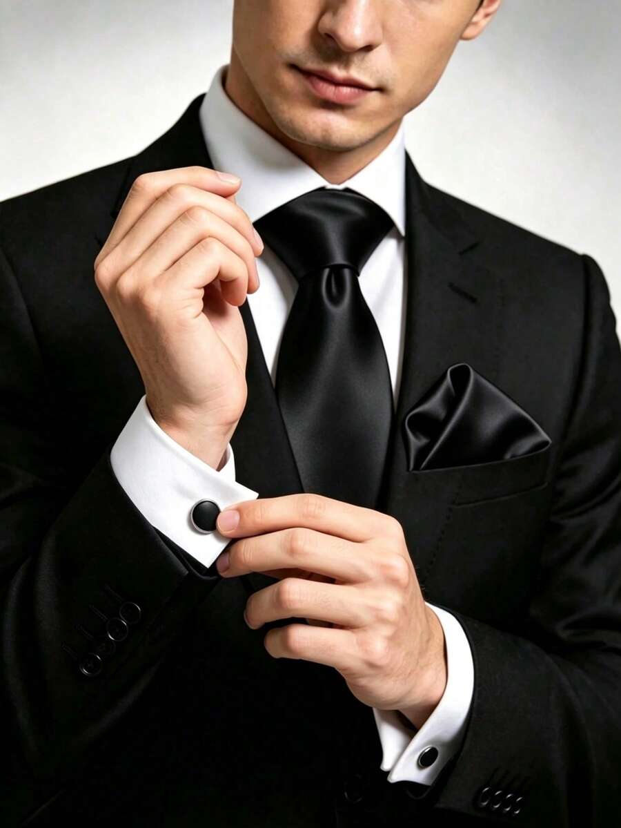 1件 Barry Wang 男士絲綢領帶套裝,金色與深綠色純色領帶、口袋巾、袖扣套組,適用婚禮、商務、宴會 - 黑色 - 查看 1