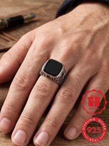 925 Sterling Silver Antique Style Wide Band Ring For Men, Featuring Exquisite Black Onyx Inlay Design, Combining Artistic Elegance And Versatility, Suitable For Daily Wear And Formal Occasions - Silver - View 6