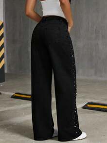 Celana Jeans Longgar Berpotongan Lebar dengan Hiasan Berlian Imitasi untuk Remaja Putri - Hitam - View 3
