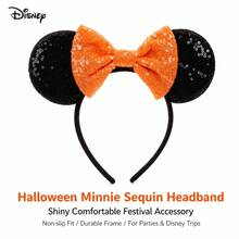 Disney Halloween Minnie Mouse Ear Headband, Orange And Black Sequin Decoration With Bow, Shiny Hair Accessory, Suitable For Theme Park Cosplay, Halloween Party And Autumn Outfit, Suitable For Women - A - View 2