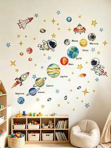 Large Solar System Planets Educational Wall Decals Astronaut Space Spaceship Rocket Stars Pattern DIY Peel And Stick Vinyl Stickers For Kids Room Nursery Bathroom Bedroom Game Room Home Decor Gift - Multiple Styles - View 3